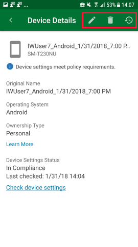 Captura de pantalla que muestra la aplicación del Portal de empresa para Android, Detalles del dispositivo con la opción de actualización, actualizada.