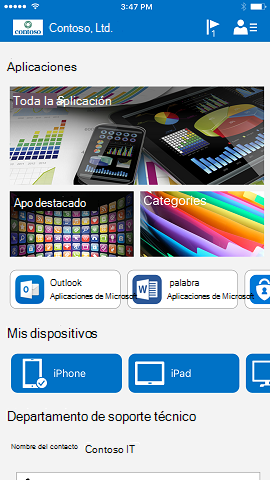 Una imagen de la aplicación Portal de empresa para iOS anterior a la actualización, que mostraba imágenes de relleno preestablecidas para 