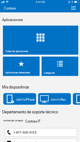 Captura de pantalla que muestra la aplicación del Portal de empresa para i O S / i Pad O S antes de la actualización, Aplicaciones y Mis dispositivos.
