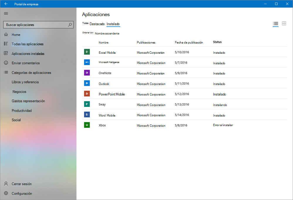 Captura de pantalla de la aplicación Portal de empresa de Intune para Windows en la que se muestran las aplicaciones instaladas en la vista de detalles.