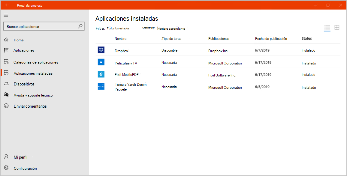 Captura de pantalla de ejemplo de la aplicación Portal de empresa para Windows 10, página Aplicaciones instaladas.