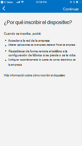 Captura de pantalla que muestra la aplicación del Portal de empresa para i O S / i Pad O S antes de la actualización, pantalla Why enroll your device (Por qué inscribir su dispositivo).
