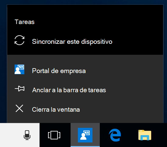 Captura de pantalla de la barra de tareas de Windows en el escritorio de un dispositivo. Portal de empresa icono de programa de aplicación se ha hecho clic para mostrar un menú con las opciones 