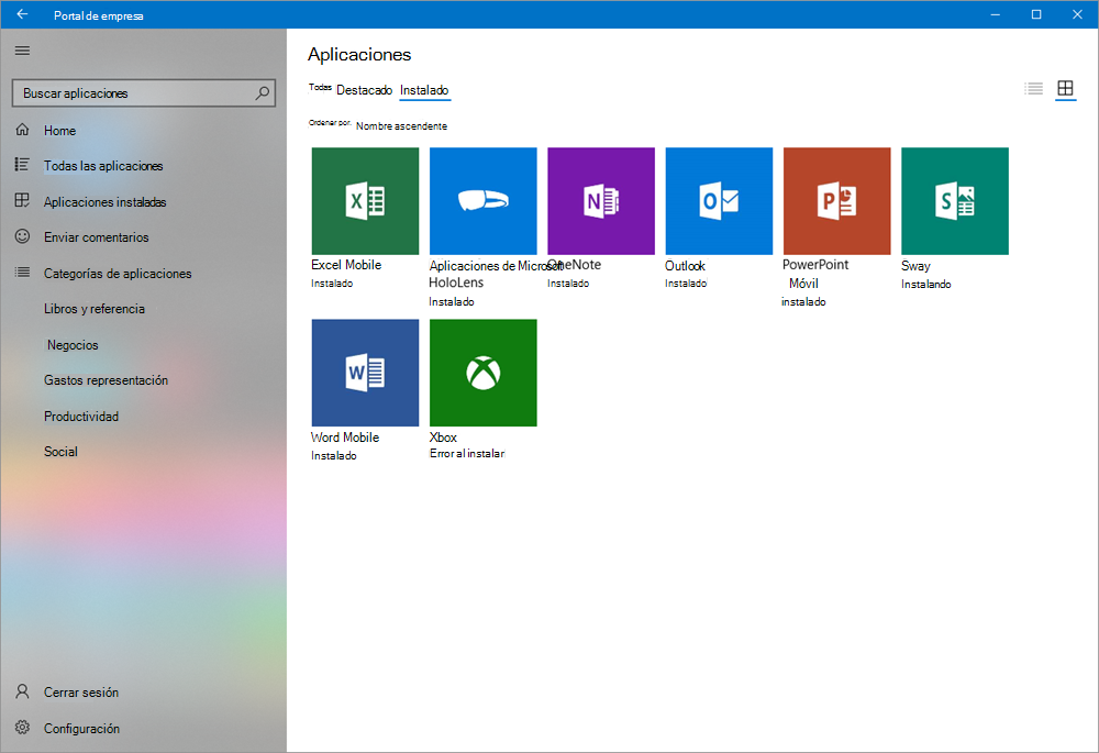 Captura de pantalla de la aplicación Portal de empresa de Intune para Windows en la que se muestran las aplicaciones instaladas en la vista de mosaico.