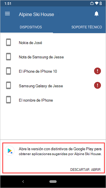 Imagen de ejemplo del mensaje de la pestaña Dispositivos del Portal de empresa para abrir la versión con distintivo de Google Play.