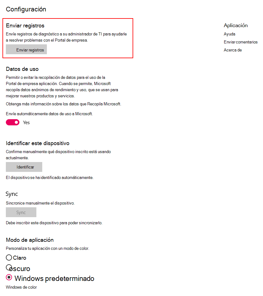 Captura de pantalla que muestra la página Configuración de la aplicación del Portal de empresa para Windows 10 después de la actualización.