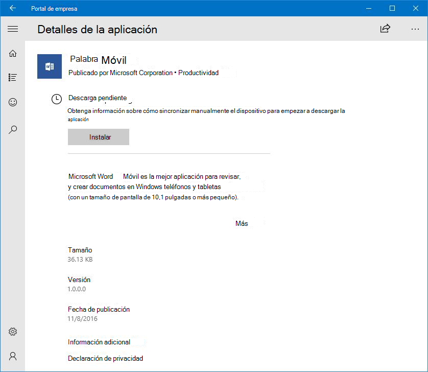 Una imagen de la aplicación de portal de empresa de Windows 10, donde la descarga de Microsoft Word está en un estado pendiente desde la tienda de aplicaciones del portal de empresa.