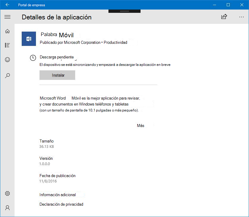 Una imagen de la aplicación de portal de empresa de Windows 10, con el nuevo estado de sincronización automático que muestra un mensaje de estado indicando que el dispositivo está sincronizándose e intentando descargar la aplicación.