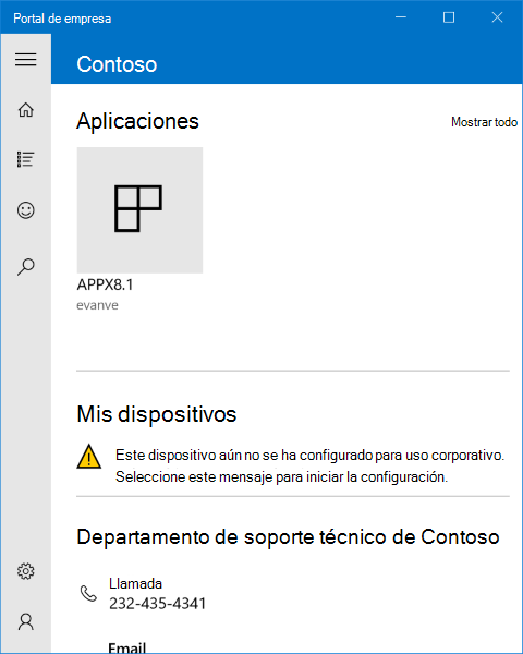 Una imagen de la página de aterrizaje de la aplicación de portal de empresa de Windows 10, con un mensaje de estado en el medio de la lista 