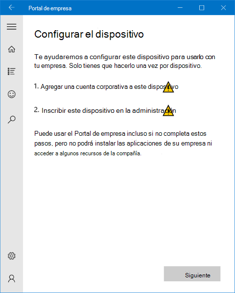 Imagen de la página de instalación de la aplicación Portal de empresa de Windows 10, que advierte al usuario de que necesita agregar una cuenta corporativa a este dispositivo, después, puede inscribirlo en la administración.