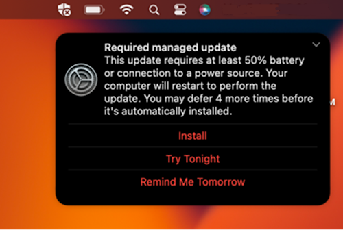 Mensaje de notificación de ejemplo para una actualización necesaria en un dispositivo Apple macOS.