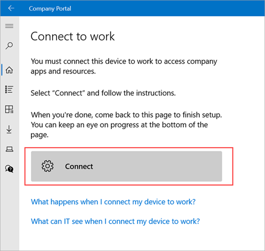 Imagen de ejemplo de Portal de empresa > Conectar a la pantalla de trabajo resaltando el Conectar botón.