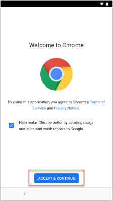 Imagen de ejemplo de la pantalla Términos de servicio de Chrome, que resalta el botón Aceptar & Continuar.