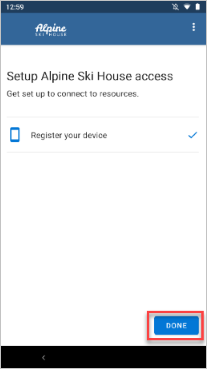 Imagen de ejemplo de Configuración del acceso, registro de la pantalla del dispositivo y resaltado el botón Listo.