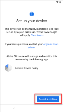 Imagen de ejemplo de la pantalla de términos de Google que ve si usa Google Zero Touch, resaltando el botón Aceptar & Continuar.