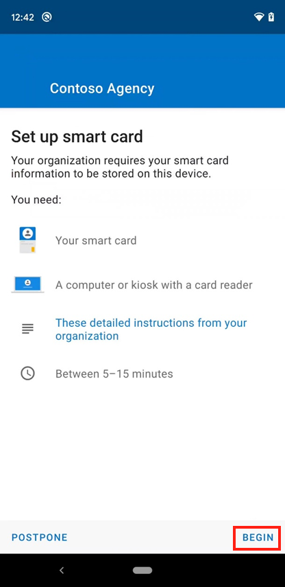 Captura de pantalla de ejemplo de la pantalla de acceso Portal de empresa Configurar tarjeta inteligente móvil.