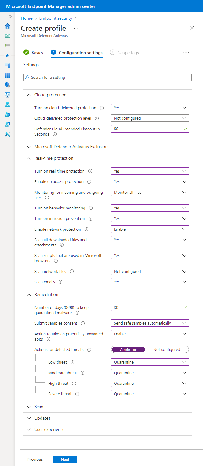 Captura de pantalla que muestra un ejemplo de un perfil de Antivirus de Microsoft Defender en Microsoft Intune.