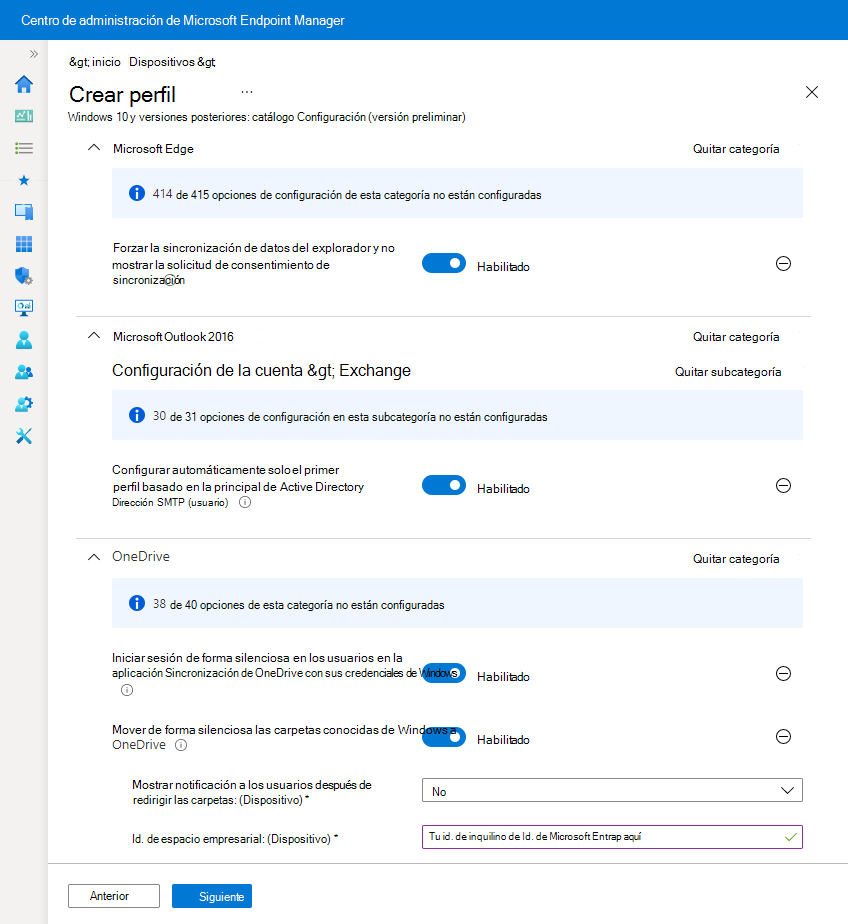 Imagen que muestra un ejemplo de un perfil de catálogo de configuración en Microsoft Intune.