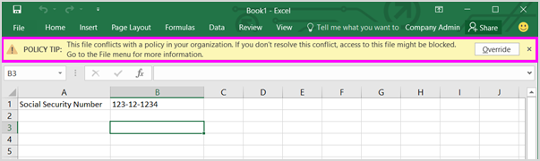 La barra de mensajes muestra sugerencia de directiva en Excel 2016