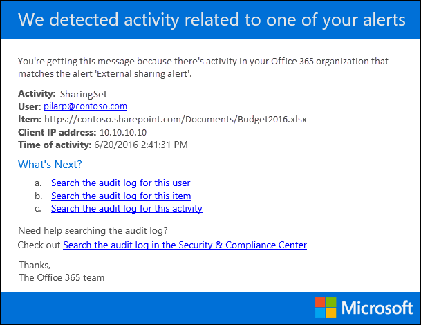 Ejemplo de una notificación por correo electrónico enviada para una alerta de actividad.