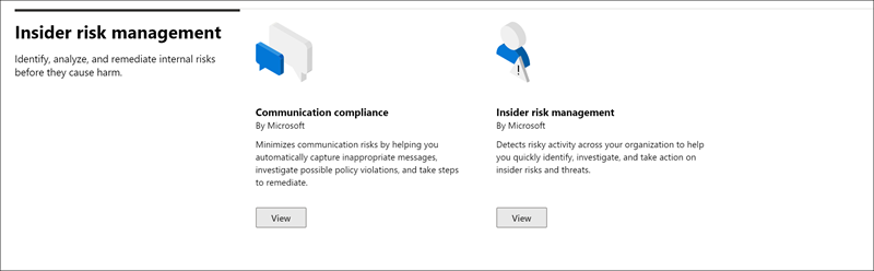 Sección administración de riesgos internos del catálogo de soluciones de Microsoft Purview.