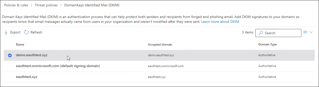 Página DKIM en el portal de Microsoft 365 Defender con un dominio seleccionado.