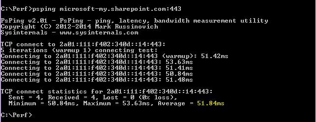 El comando PSPing va a microsoft-my.sharepoint.com puerto 443.