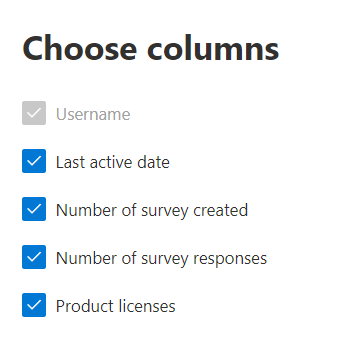 Dynamics 365 Customer Voice informe de actividad: elija columnas.