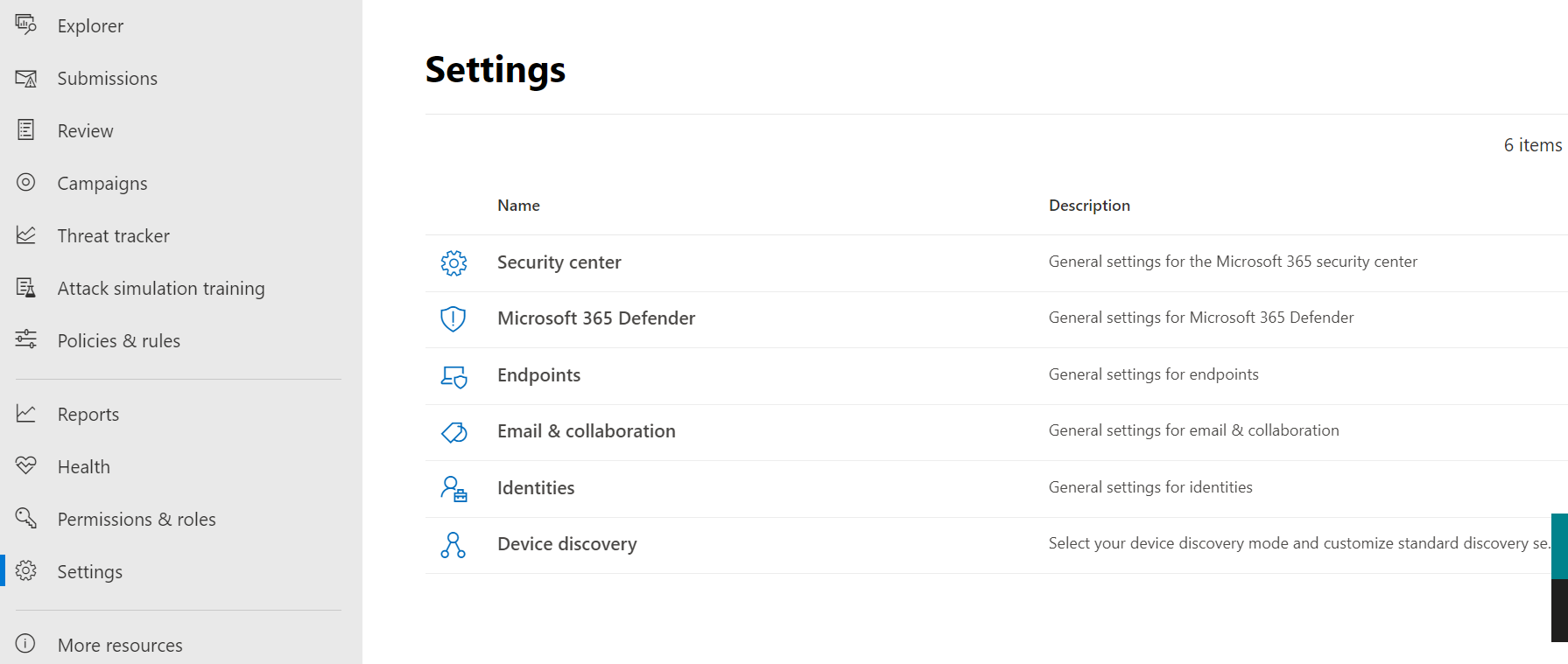 Página Configuración del portal de Microsoft 365 Defender