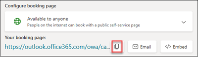 Captura de pantalla: Copiar Bookings dirección URL de página para poder agregar un identificador de campaña para marketing