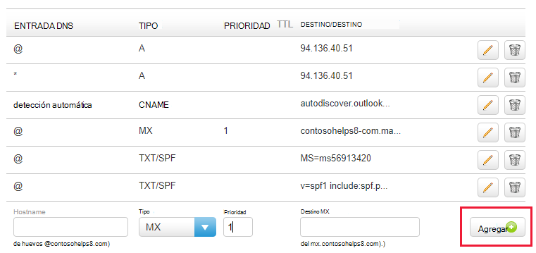 Captura de pantalla en la que seleccione Agregar para agregar un registro MX.