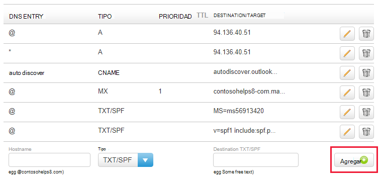 Captura de pantalla en la que seleccione Agregar para agregar un registro TXT de verificación de dominio.