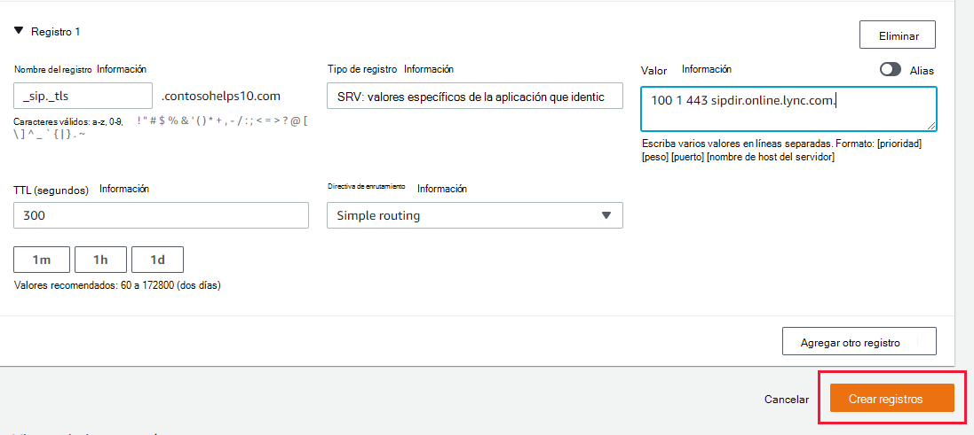 Captura de pantalla en la que selecciona Crear registros para agregar un registro SRV.