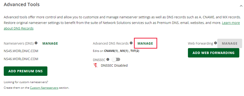 Junto a Registros DNS avanzados, seleccione ADMINISTRAR.