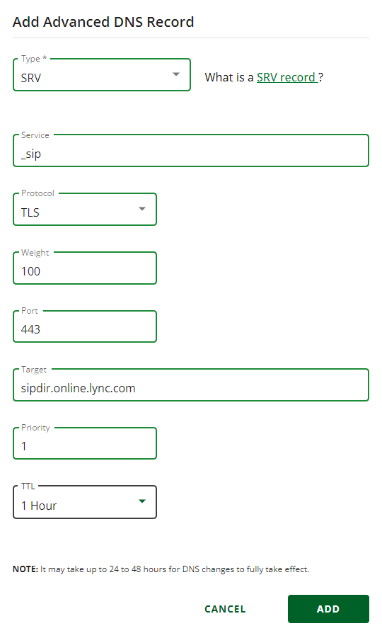 Captura de pantalla de donde seleccione Agregar para agregar un registro SRV.