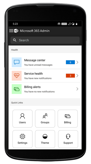 Captura de pantalla: Administración página principal de la aplicación móvil, que muestra la búsqueda, el centro de mensajes, el estado y los vínculos rápidos