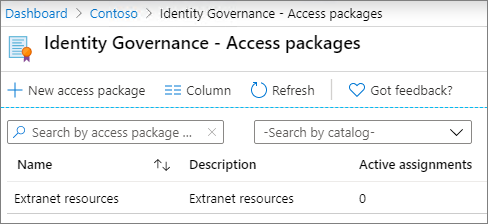 Captura de pantalla de la pantalla de paquetes de acceso Azure Active Directory Identity Governance.