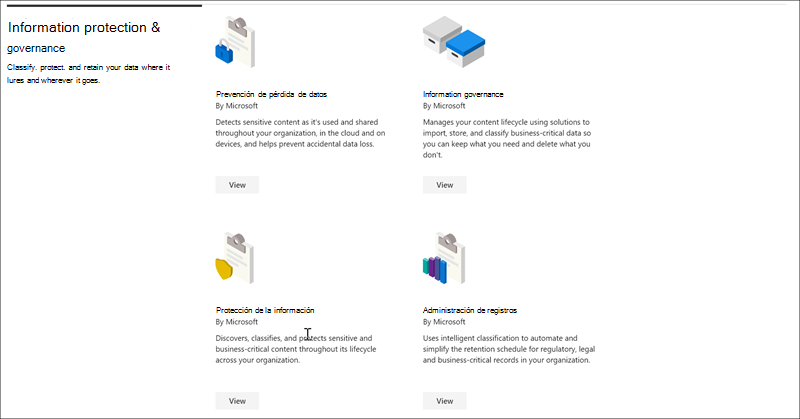 Sección protección y gobernanza de la información del catálogo de soluciones de Microsoft Purview.