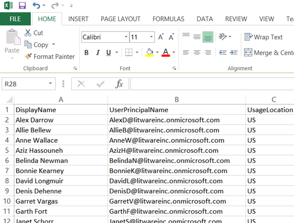 Ejemplo de una tabla importada en una hoja de cálculo de Excel para Skype Empresarial datos de usuario en línea que se guardaron en un archivo de valores separados por comas.
