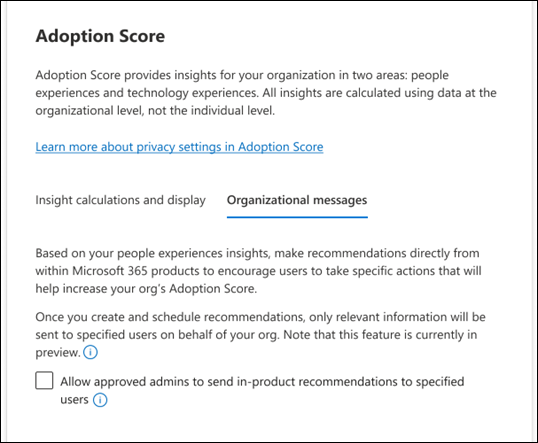 Captura de pantalla: Habilitación de mensajes organizativos en la puntuación de adopción