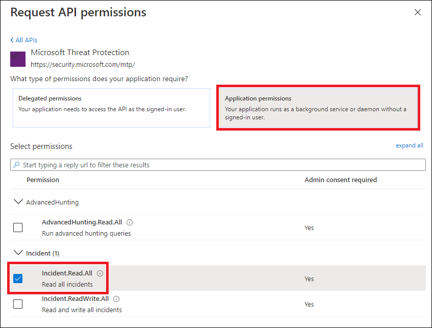 Panel de permisos de una aplicación en el portal Microsoft 365 Defender aplicación