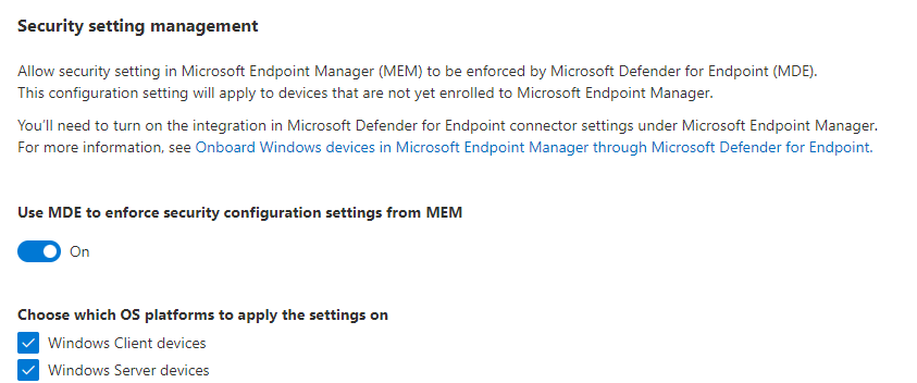 Habilite la administración de la configuración de Microsoft Defender para punto de conexión en la consola de Defender.