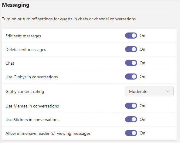Captura de pantalla de la configuración de mensajería de invitados de Teams.