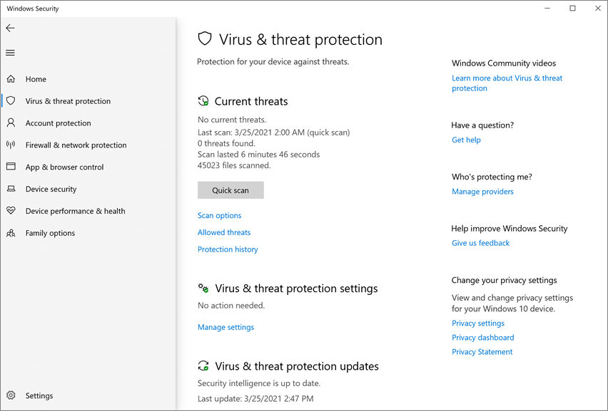 Configuración de protección contra virus y amenazas en Seguridad de Windows aplicación