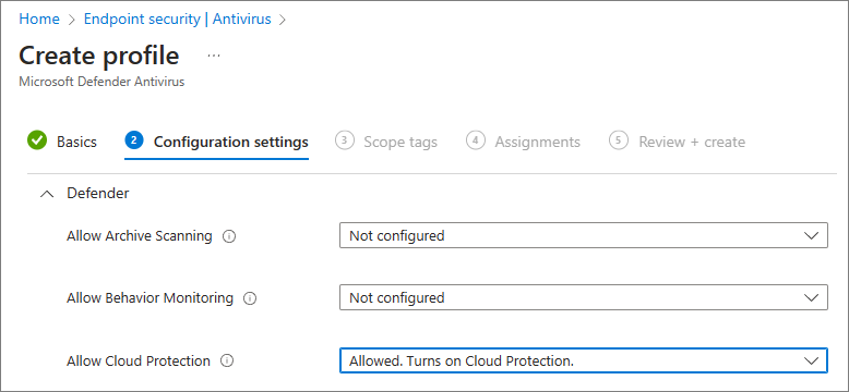 Captura de pantalla del conjunto de Cloud Protection en permitido en Intune.