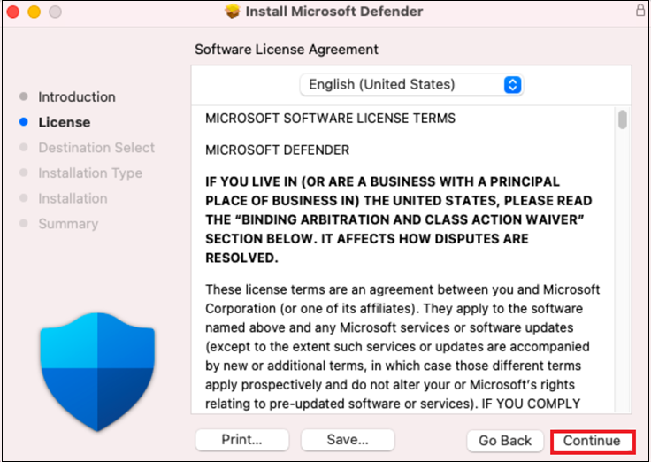 Captura de pantalla que muestra el Contrato de licencia de software.