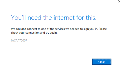 Captura de pantalla del mensaje de error en el que se indica que se necesita una conexión a Internet.