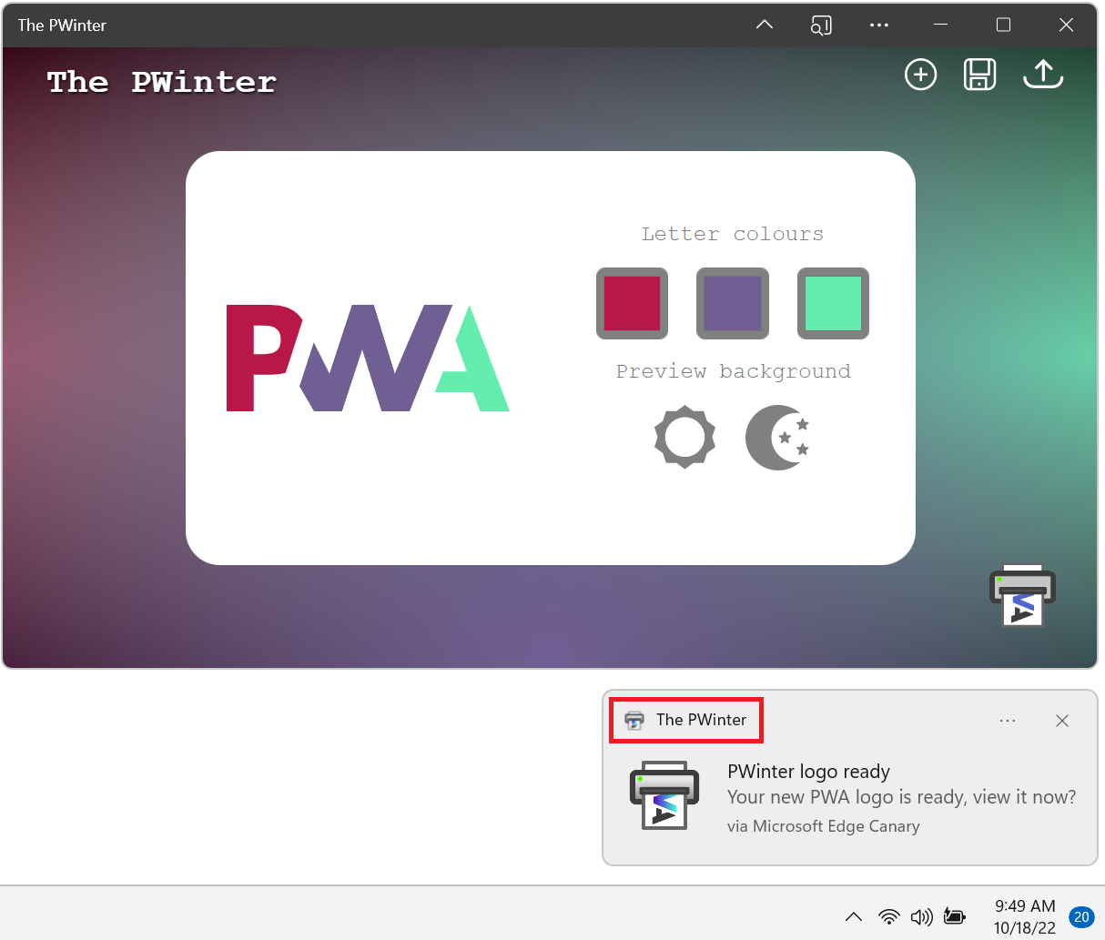 Una ventana de aplicación PWA, con una notificación que se muestra cerca de la barra de tareas de Windows. La notificación tiene el icono y el nombre de PWA.