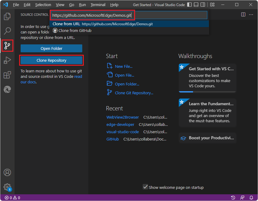 Botón Clonar repositorio en Visual Studio Code