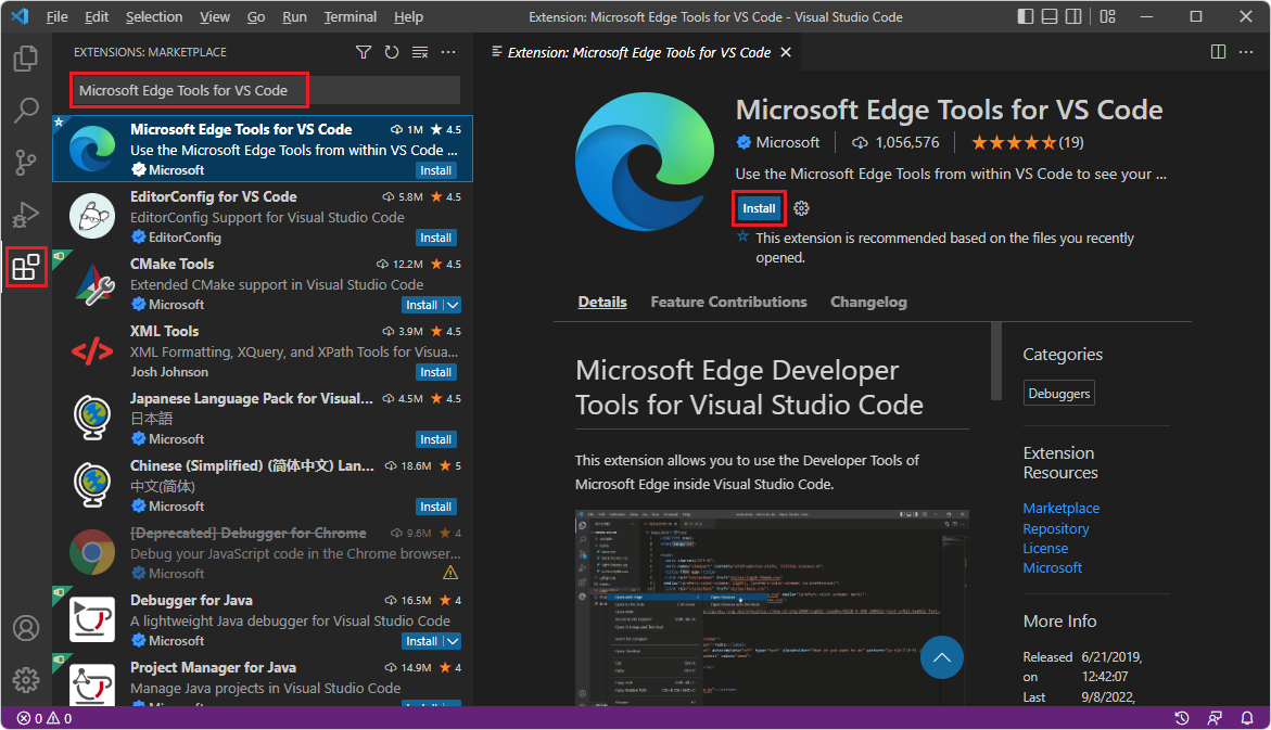 Instalación de la extensión Microsoft Edge DevTools para Visual Studio Code